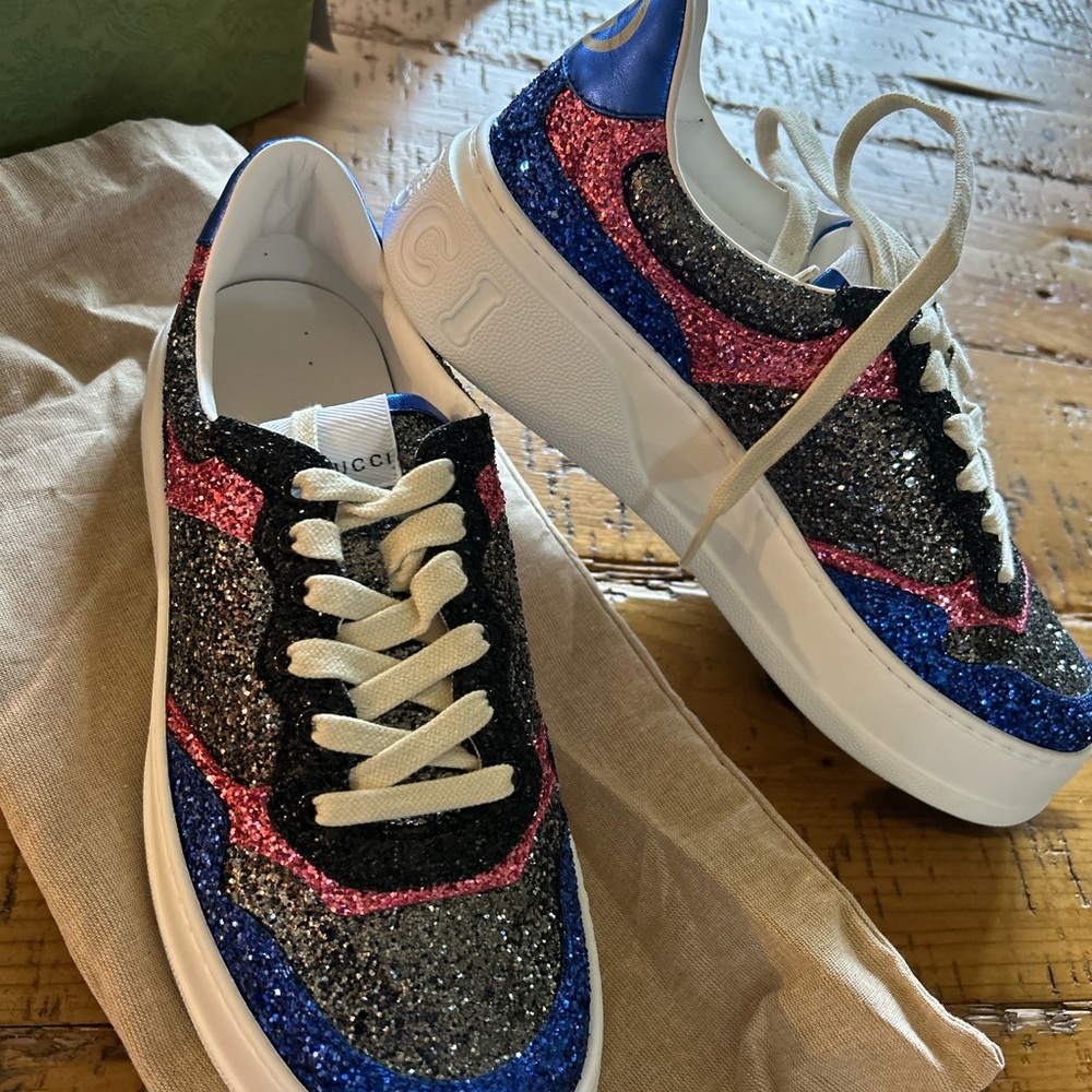 Gucci Glitter Platform Sneakers in Black, Pink & Blue